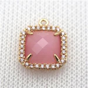 copper square pendant pave zircon with pink crystal glass, gold plated, approx 14x14mm [FN10072]