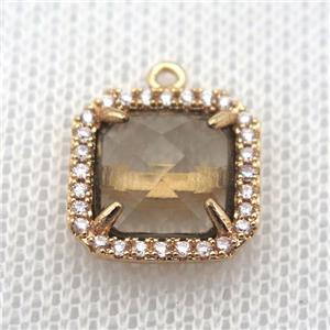 copper square pendant pave zircon with crystal glass, gold plated, approx 14x14mm [FN10074]