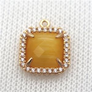 copper square pendant pave zircon with yellow crystal glass, gold plated, approx 14x14mm [FN10076]