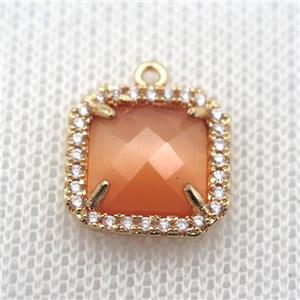 copper square pendant pave zircon with orange crystal glass, gold plated, approx 14x14mm [FN10077]