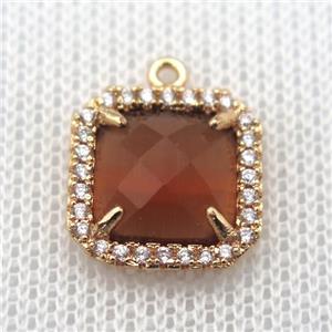 copper square pendant pave zircon with crystal glass, gold plated, approx 14x14mm [FN10078]