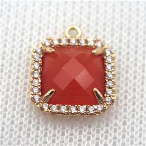 copper square pendant pave zircon with red crystal glass, gold plated, approx 14x14mm [FN10079]