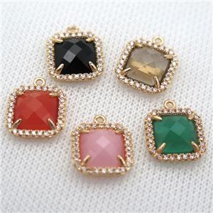 copper square pendant pave zircon with crystal glass, mixed, gold plated, approx 14x14mm [FN10080]