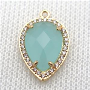 copper teardrop pendant pave zircon with green crystal glass, gold plated, approx 13-18mm [FN10081]