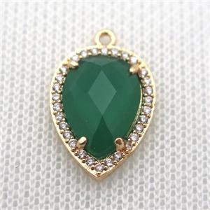 copper teardrop pendant pave zircon with green crystal glass, gold plated, approx 13-18mm [FN10082]