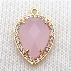 copper teardrop pendant pave zircon with pink crystal glass, gold plated, approx 13-18mm [FN10084]