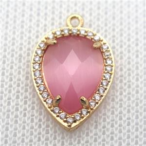 copper teardrop pendant pave zircon with pink crystal glass, gold plated, approx 13-18mm [FN10085]