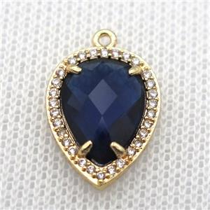 copper teardrop pendant pave zircon with deepblue crystal glass, gold plated, approx 13-18mm [FN10086]