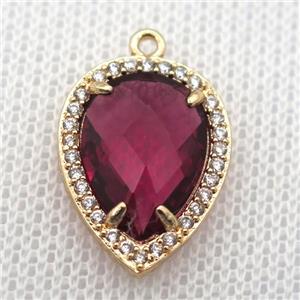 copper teardrop pendant pave zircon with redwine crystal glass, gold plated, approx 13-18mm [FN10087]
