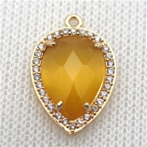 copper teardrop pendant pave zircon with yellow crystal glass, gold plated, approx 13-18mm [FN10088]
