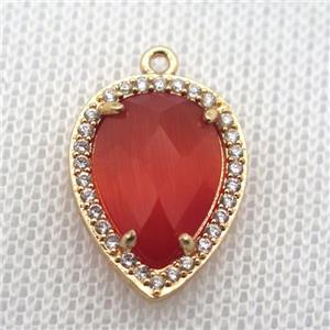 copper teardrop pendant pave zircon with red crystal glass, gold plated, approx 13-18mm [FN10089]