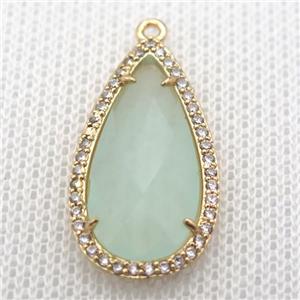 copper teardrop pendant pave zircon with green crystal glass, gold plated, approx 18-25mm [FN10091]