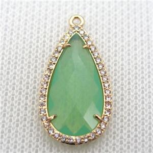 copper teardrop pendant pave zircon with green crystal glass, gold plated, approx 18-25mm [FN10092]