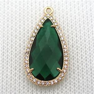 copper teardrop pendant pave zircon with deepgreen crystal glass, gold plated, approx 18-25mm [FN10093]