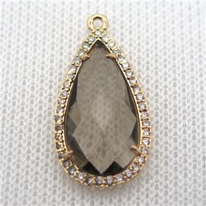copper teardrop pendant pave zircon with gray crystal glass, gold plated, approx 18-25mm [FN10094]