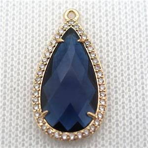 copper teardrop pendant pave zircon with blue crystal glass, gold plated, approx 18-25mm [FN10095]