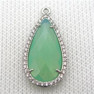 copper teardrop pendant pave zircon with green crystal glass, platinum plated, approx 18-25mm [FN10101]