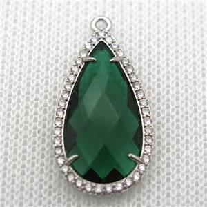 copper teardrop pendant pave zircon with deepgreen crystal glass, platinum plated, approx 18-25mm [FN10102]