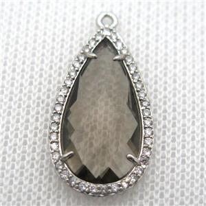 copper teardrop pendant pave zircon with gray crystal glass, platinum plated, approx 18-25mm [FN10104]