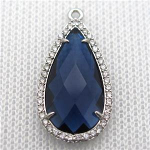 copper teardrop pendant pave zircon with deepblue crystal glass, platinum plated, approx 18-25mm [FN10105]