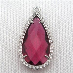copper teardrop pendant pave zircon with redwine crystal glass, platinum plated, approx 18-25mm [FN10106]