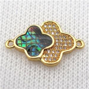 copper clover connector paved zircon with abalone shell, gold plated, approx 14-17mm [FN10109]