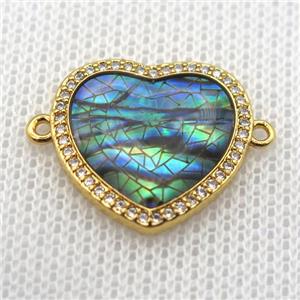 copper heart connector paved zircon with abalone shell, gold plated, approx 18mm dia [FN10110]