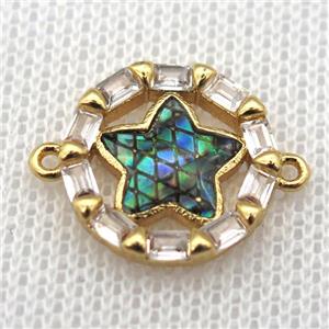 copper circle connector paved zircon with star abalone shell, gold plated, approx 15mm dia [FN10111]