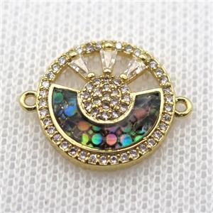 copper circle connector paved zircon with abalone shell, gold plated, approx 16mm dia [FN10112]