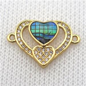 copper heart connector paved zircon with abalone shell, gold plated, approx 15-17mm [FN10113]