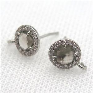 copper stud Earrings pave zircon with crystal glass, platinum plated, approx 9mm dia [FN10115]