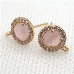 copper stud Earrings pave zircon with pink crystal glass, circle, gold plated, approx 9mm dia [FN10116]
