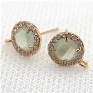 copper circle stud Earrings pave zircon with lt.green crystal glass, gold plated, approx 9mm dia [FN10117]