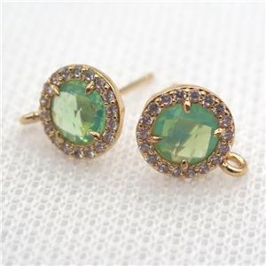 copper circle stud Earrings pave zircon with green crystal glass, gold plated, approx 9mm dia [FN10118]