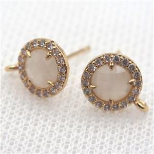 copper circle stud Earrings pave zircon with white crystal glass, gold plated, approx 9mm dia [FN10119]