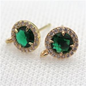 copper circle stud Earrings pave zircon with emerald crystal glass, gold plated, approx 9mm dia [FN10120]