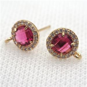 copper circle stud Earrings pave zircon with redwine crystal glass, gold plated, approx 9mm dia [FN10121]