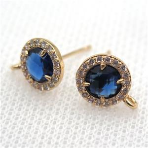 copper circle stud Earrings pave zircon with blue crystal glass, gold plated, approx 9mm dia [FN10122]