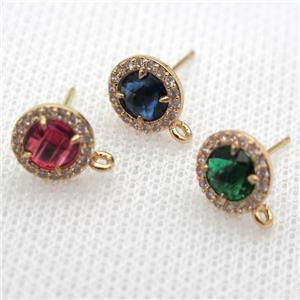copper circle stud Earrings pave zircon with crystal glass, mixed color, gold plated, approx 9mm dia [FN10123]