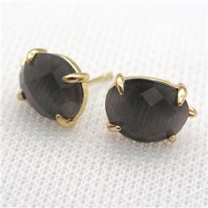 copper stud Earrings with gray crystal glass, gold plated, approx 10-12mm [FN10124]
