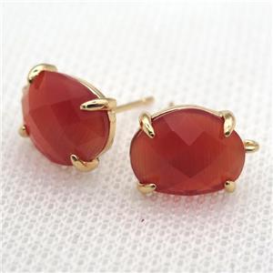 copper stud Earrings with red crystal glass, gold plated, approx 10-12mm [FN10125]
