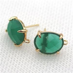 copper stud Earrings with green crystal glass, gold plated, approx 10-12mm [FN10126]