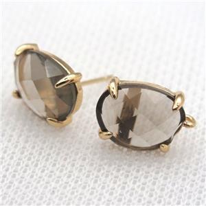 copper stud Earrings with gray crystal glass, gold plated, approx 10-12mm [FN10128]