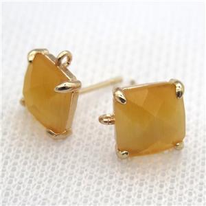 copper square stud Earrings with yellow crystal glass, gold plated, approx 9x9mm [FN10132]