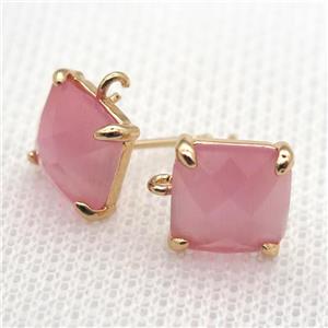 copper square stud Earrings with pink crystal glass, gold plated, approx 9x9mm [FN10133]