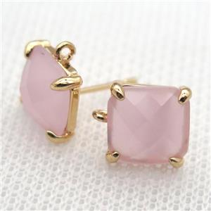 copper square stud Earrings with lt.pink crystal glass, gold plated, approx 9x9mm [FN10134]