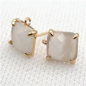 copper square stud Earrings with white crystal glass, gold plated, approx 9x9mm [FN10135]