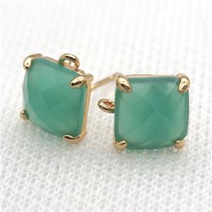 copper square stud Earrings with green crystal glass, gold plated, approx 9x9mm [FN10137]