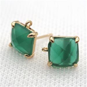 copper square stud Earrings with green crystal glass, gold plated, approx 9x9mm [FN10138]