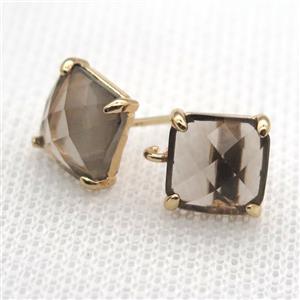 copper square stud Earrings with gray crystal glass, gold plated, approx 9x9mm [FN10139]